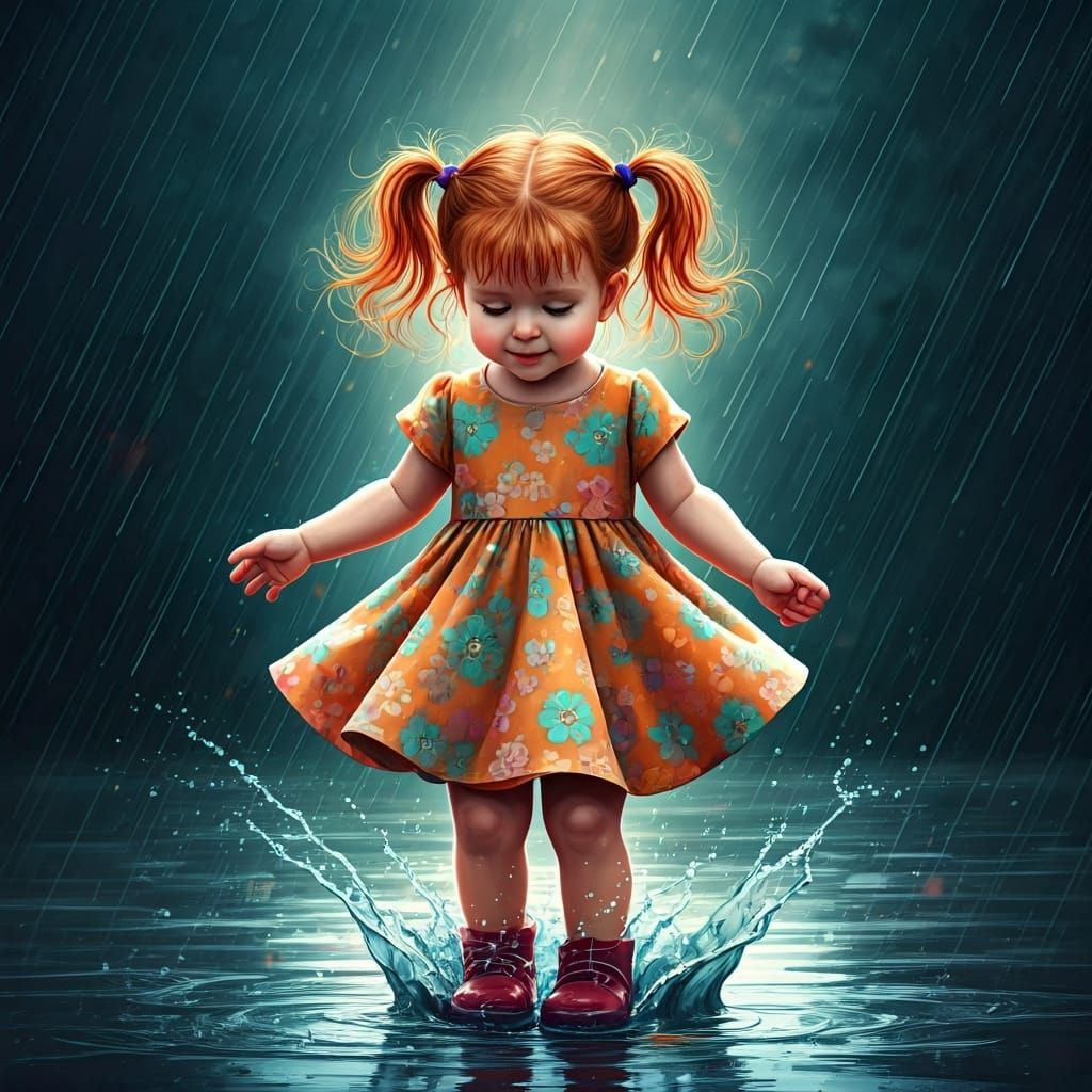Girl Dancing in Rain with Vibrant Colors