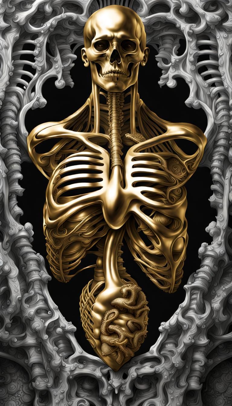 Golden Anatomical Heart and Rib Cage Illustration