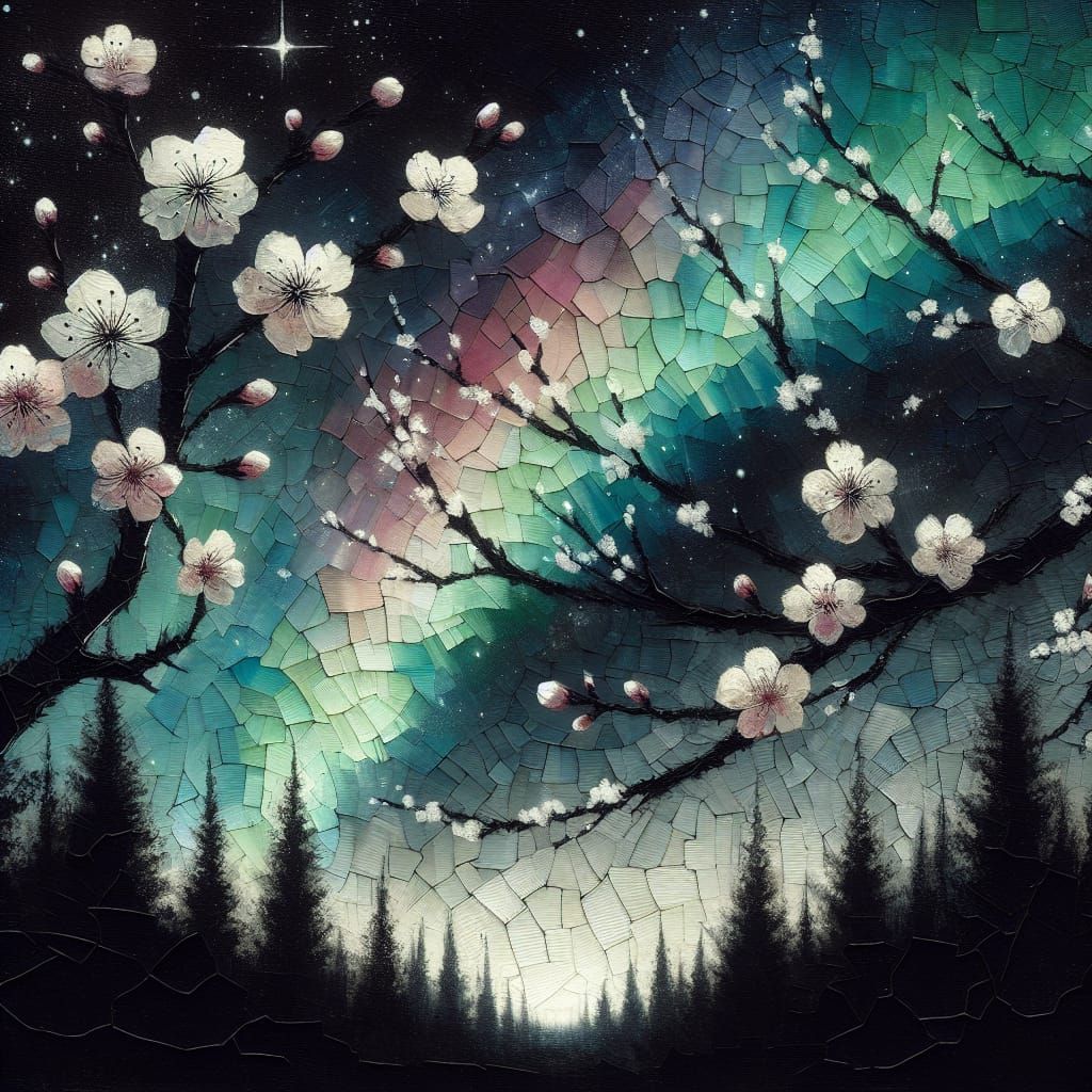 Spring Aurora Over Forest: Impasto Gouache Painting