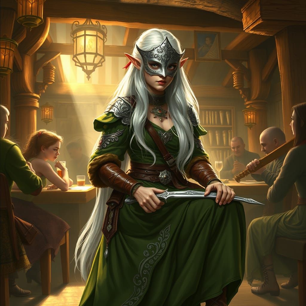 Wood-Elf Warrior in Tavern, Fantasy Concept Art