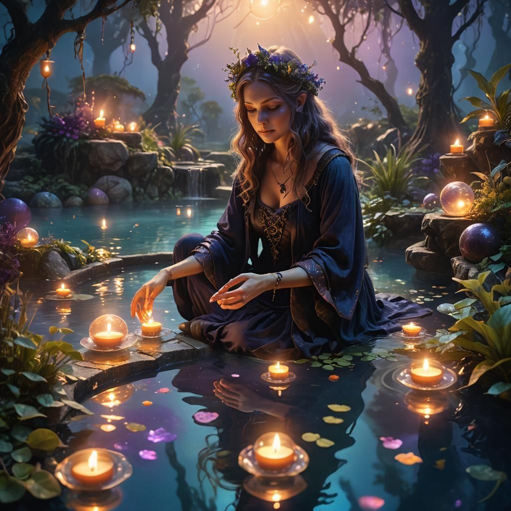 Enchanting Witch by Glowing Pool: Fantasy Concept Art