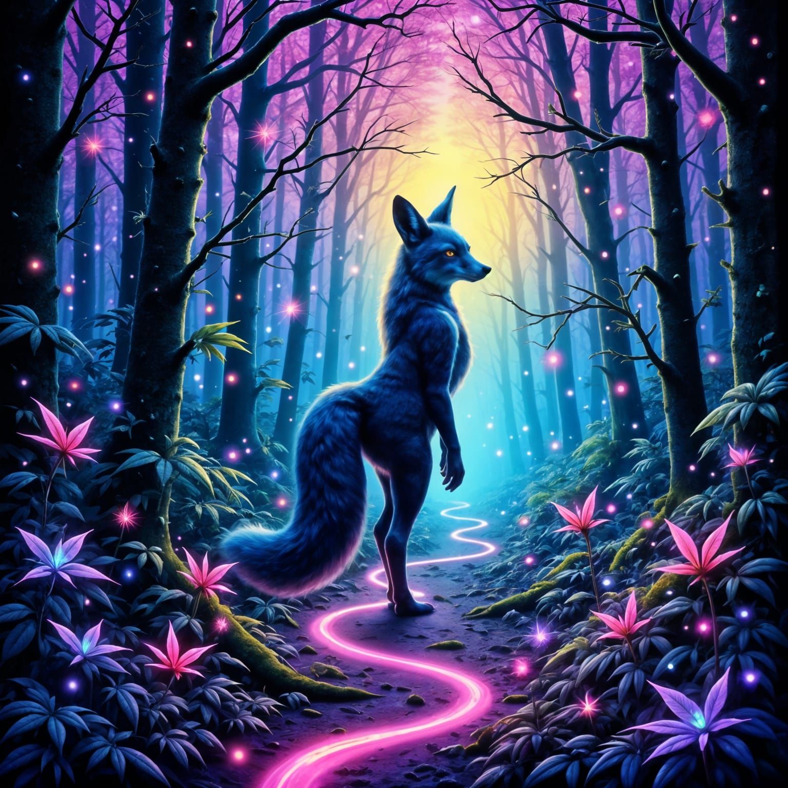Neon Fox Silhouette in Glitched Cyberpunk Forest