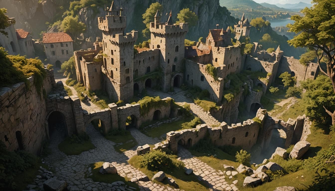 Dilapidated Castle Ruin with Cobble Path, Digital Matte Pain...