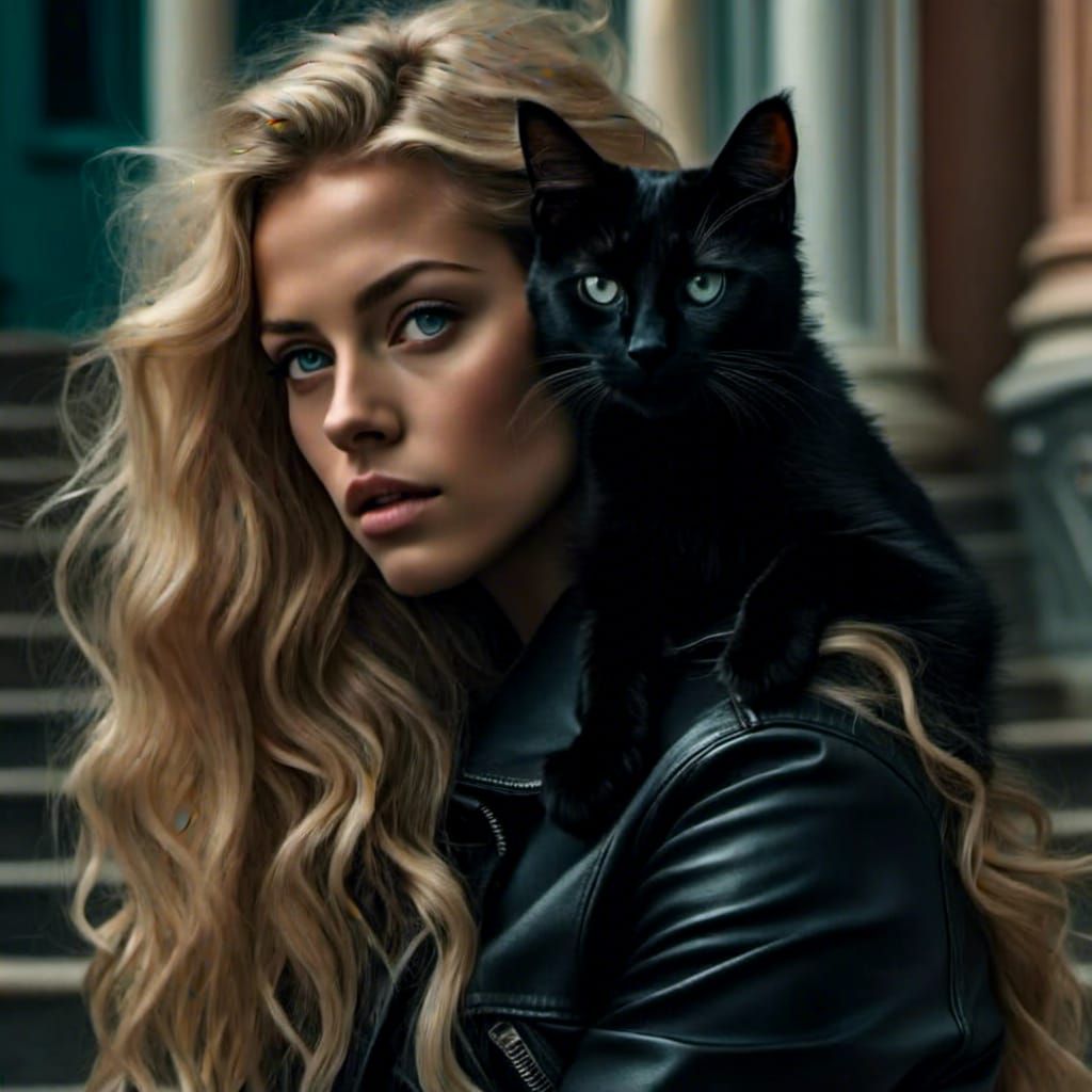 Persephone with Black Cat in Hyperrealistic Detail