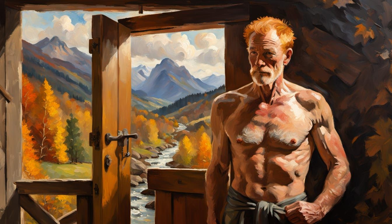 Carpenter Prepares Cabin Door for Winter in Autumn Light