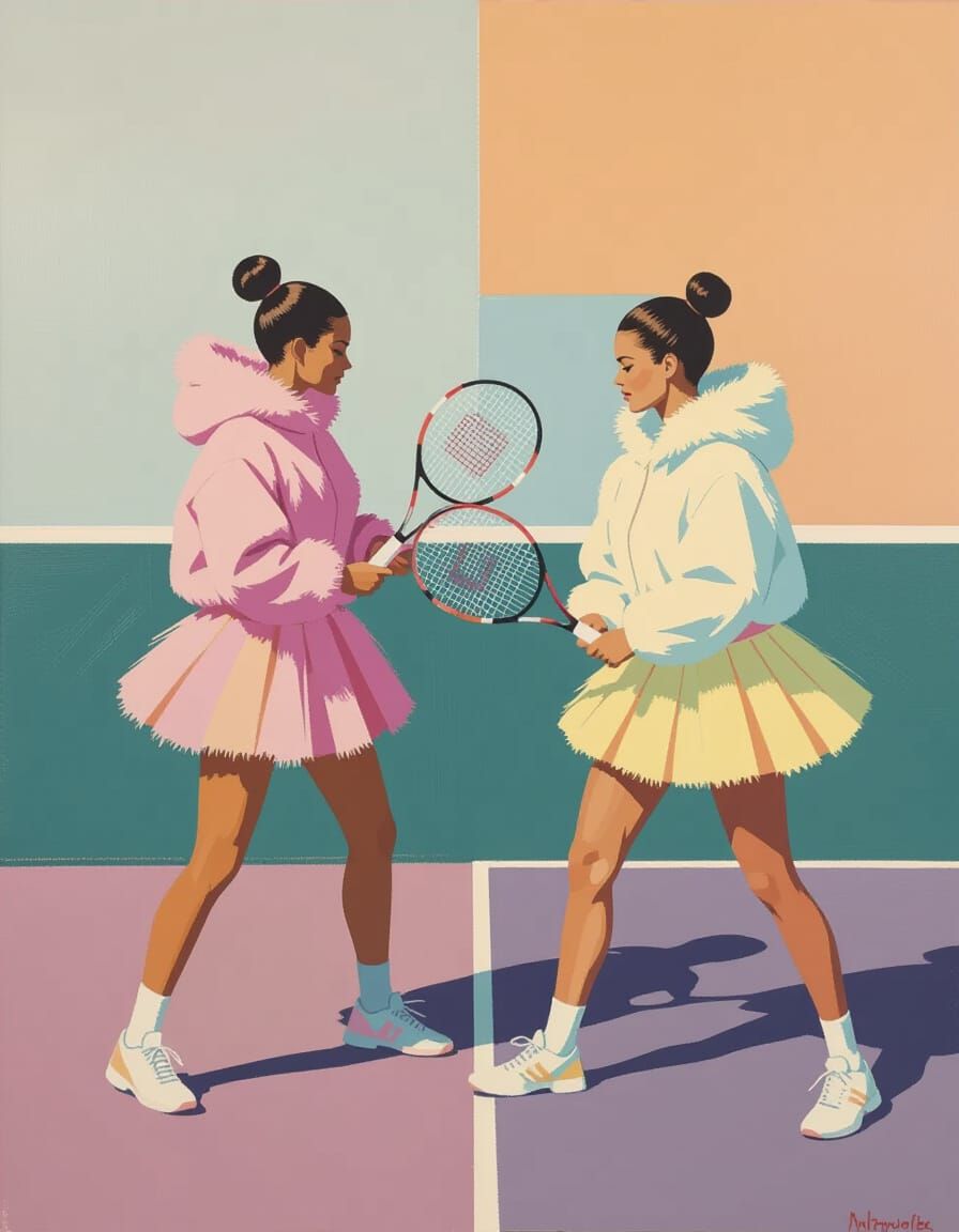 Abstract Tennis Players in Pastel Hues, Expressionist Painti...