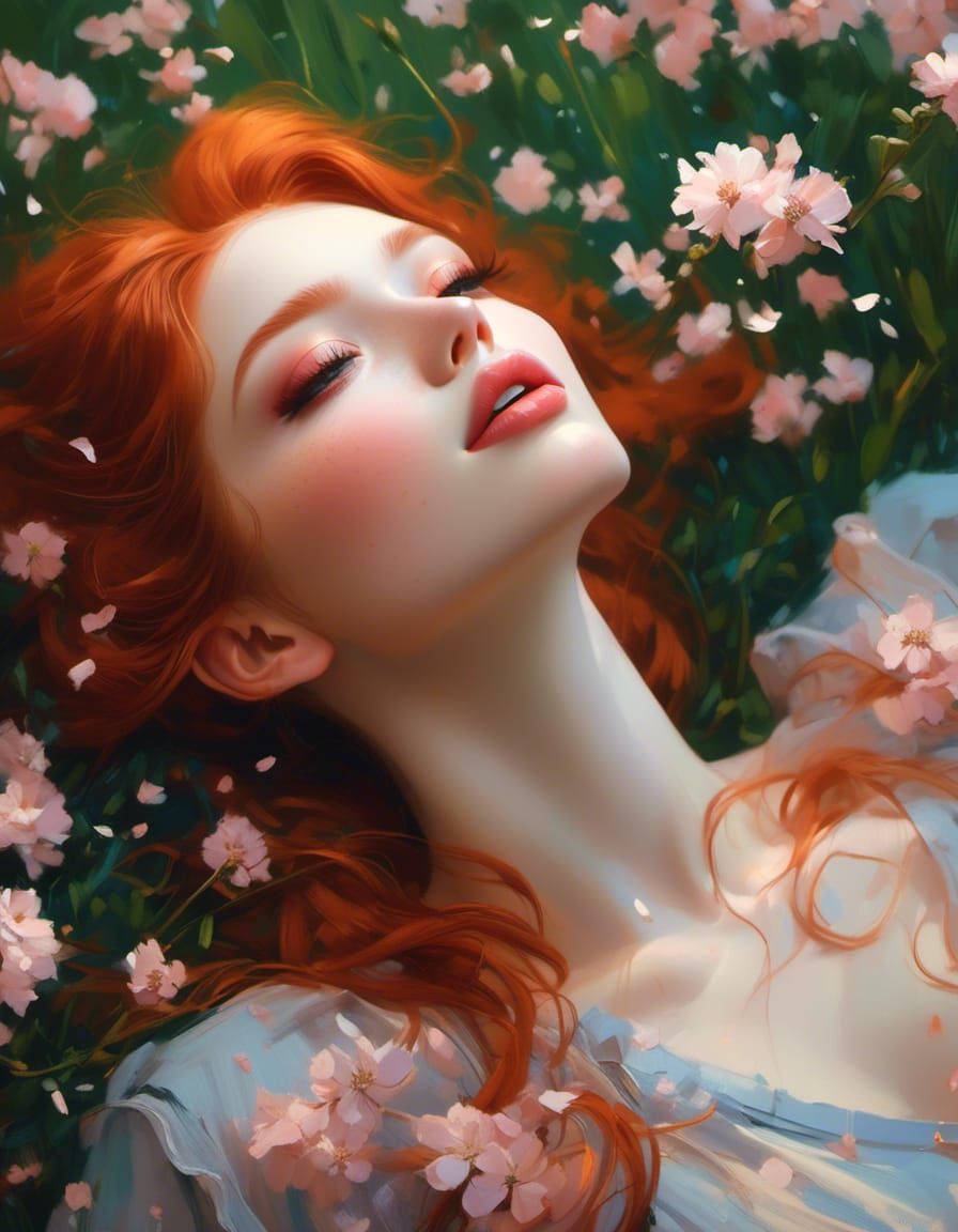 Redhead Under Sakura Tree with Falling Petals