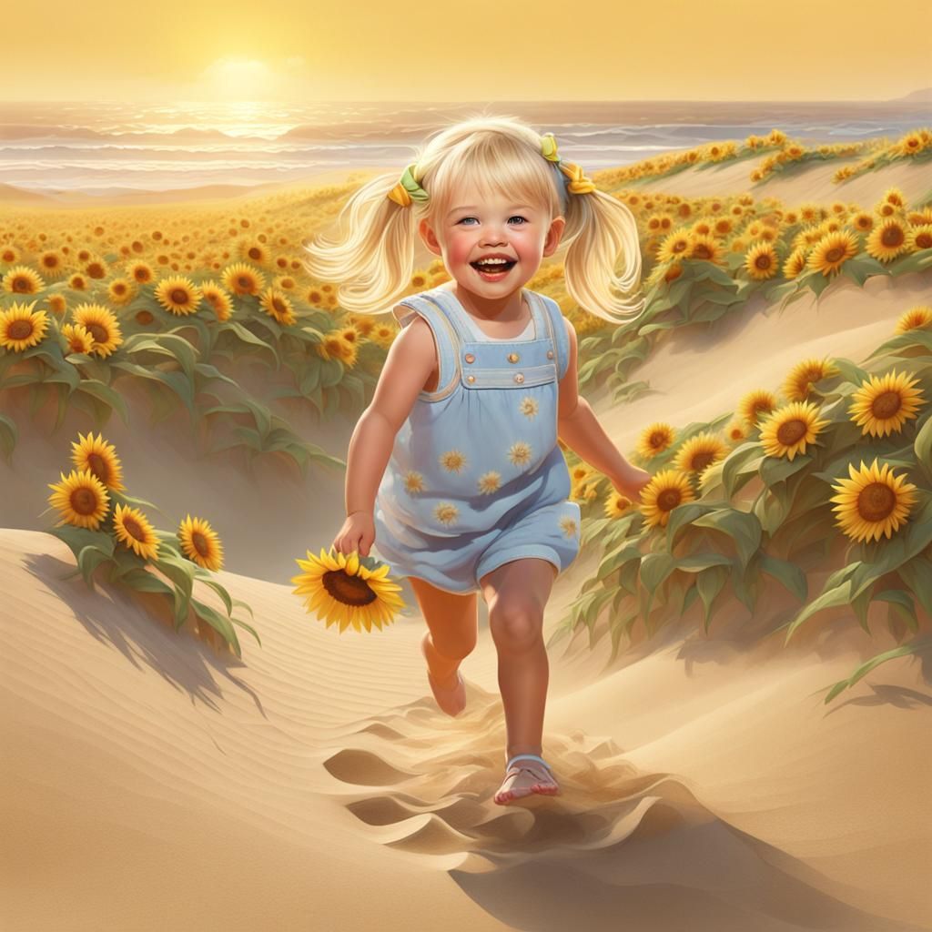 Blonde Girl with Sunflower on Golden Beach