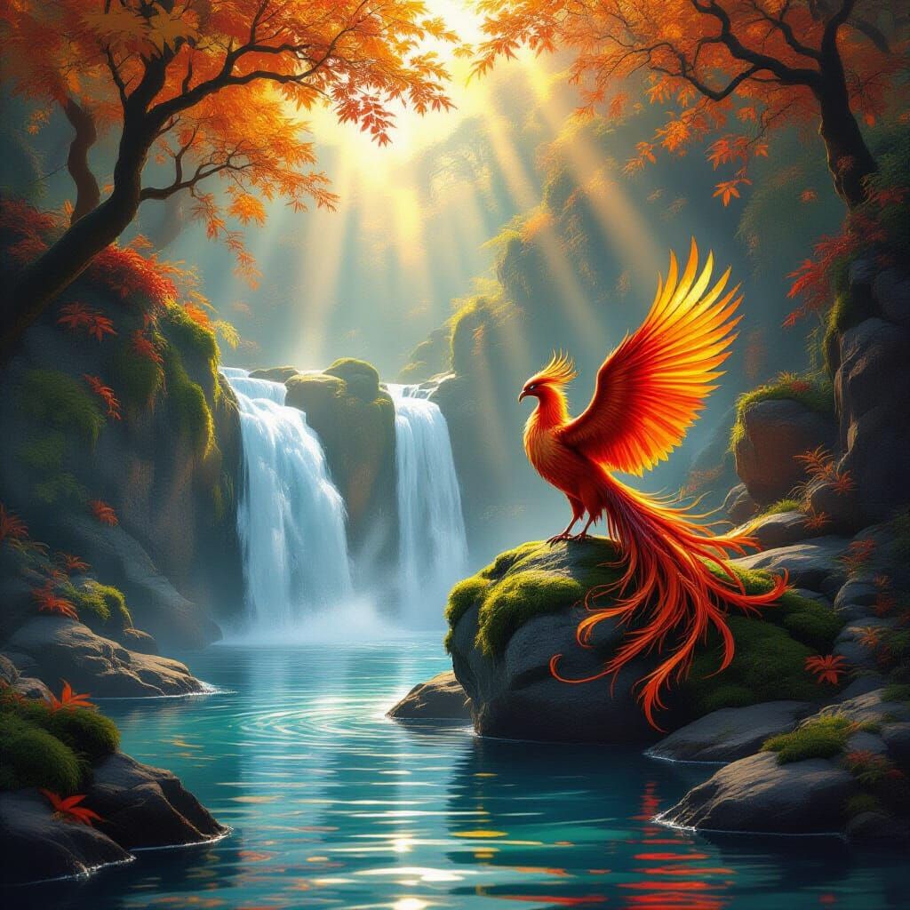 Majestic Phoenix Perched by Waterfall in Autumn Forest