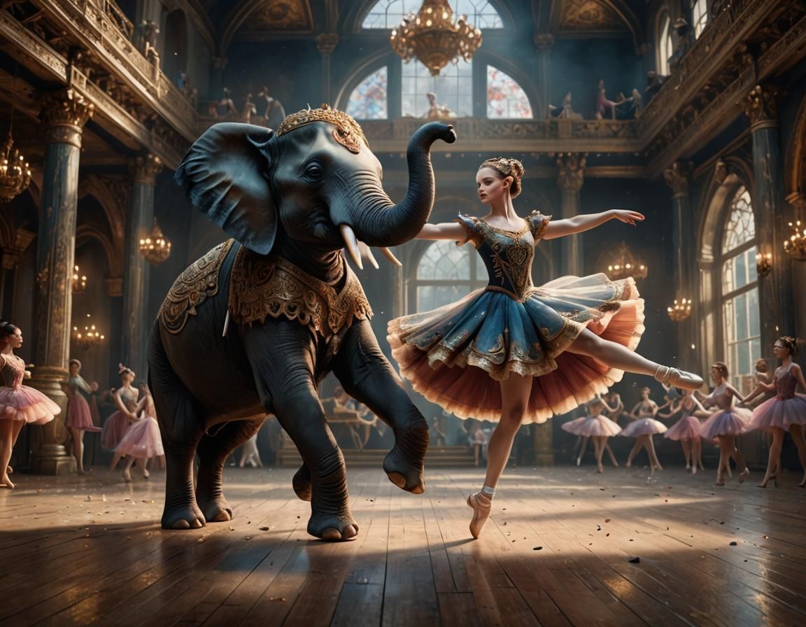 Ballerina Elephant Dancing Ballet in Detailed Matte Painting