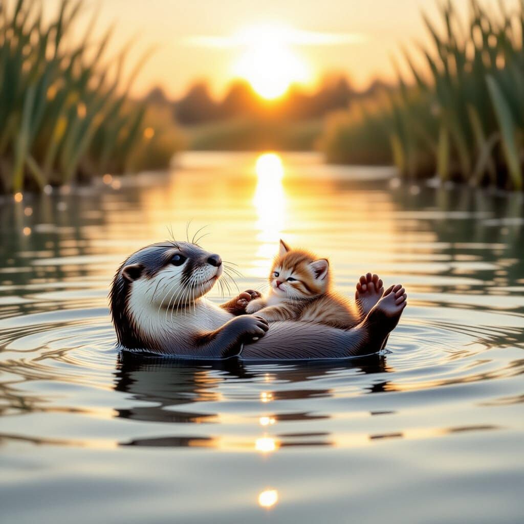 Otter Cradling Kitten in River at Sunrise