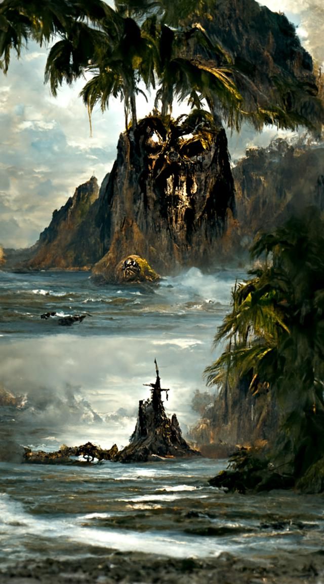 Sinister Island Landscape as Oil Painting