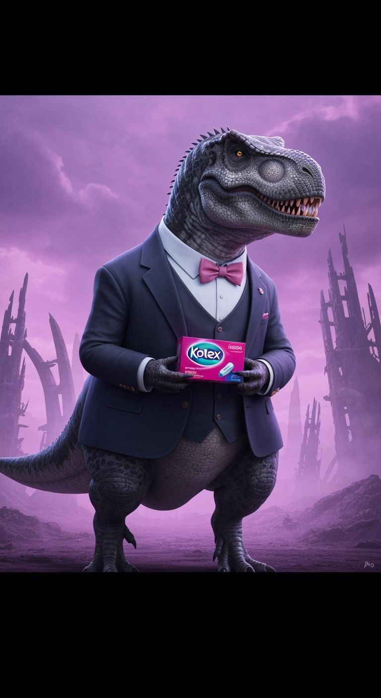 T-Rex in Suit Holding Tampons in Photorealistic Style