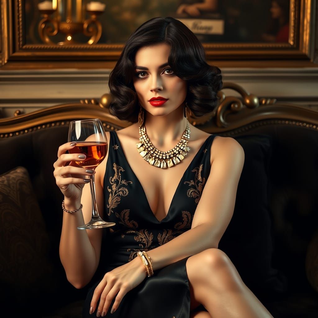 Glamorous Art Deco Woman Sits on a Luxurious Couch