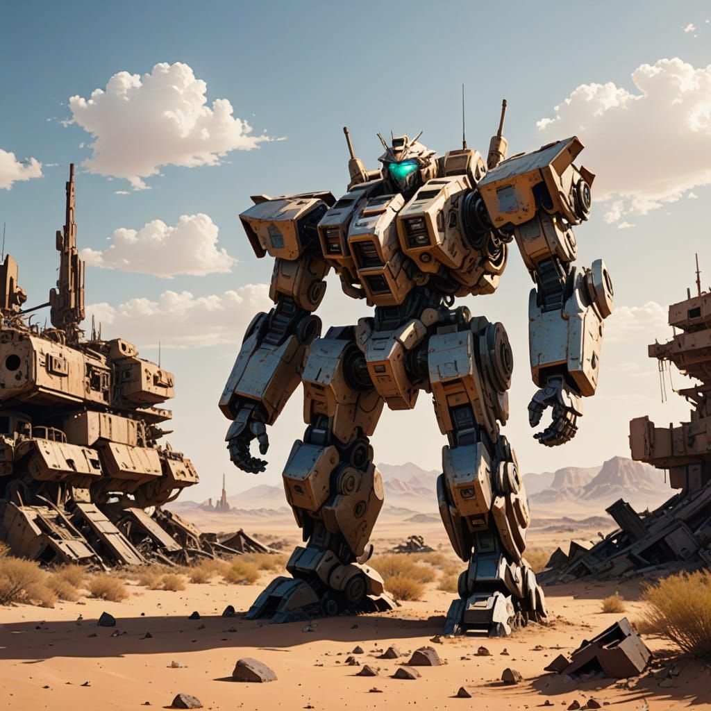 Anime Mecha in Post-Nuclear Desert Landscape