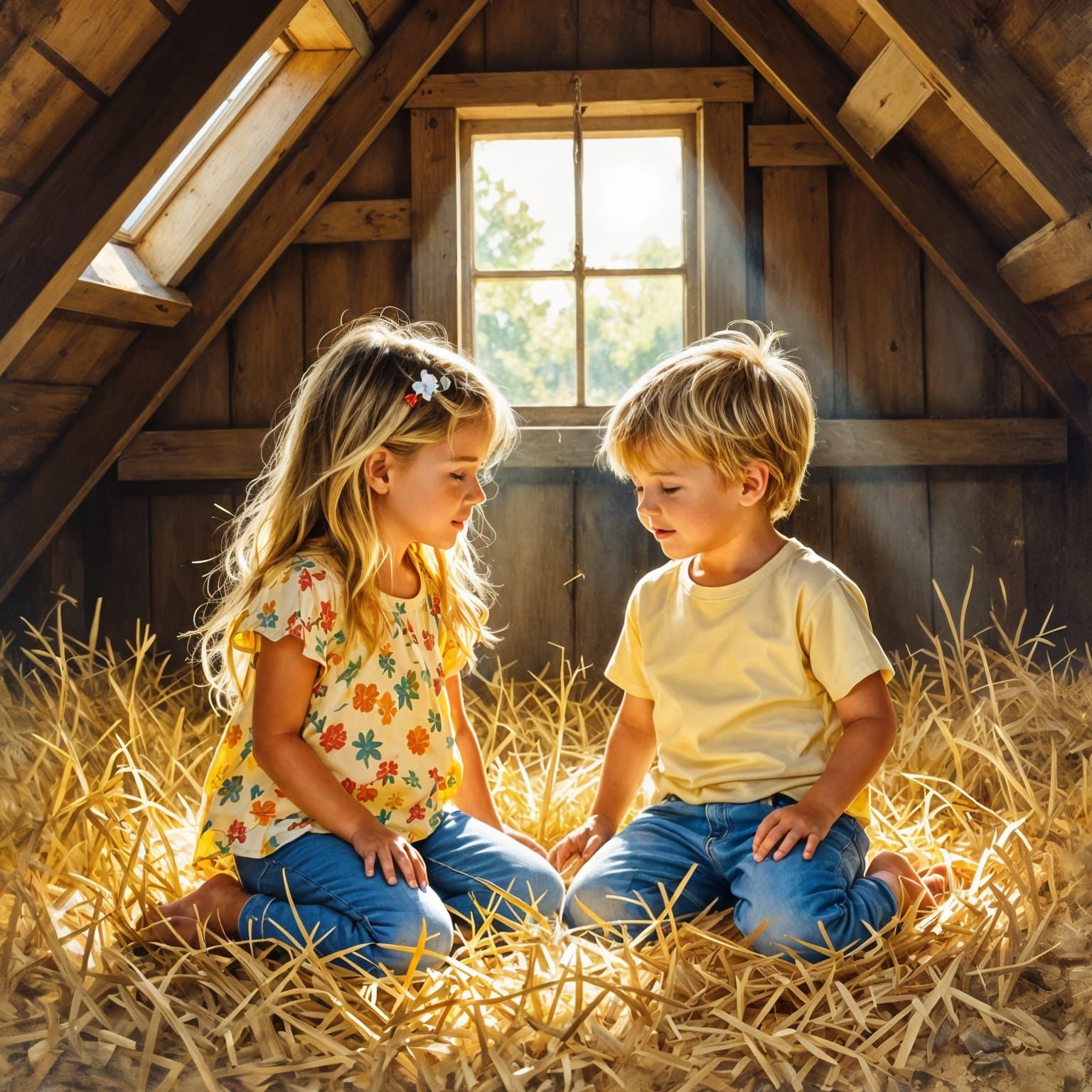 Children Play in Sunlit Hayloft