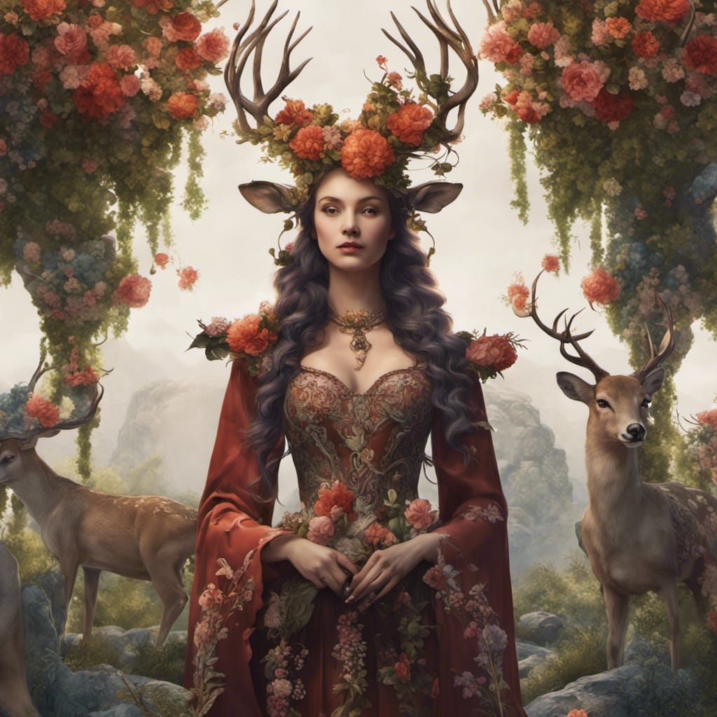 Fantastical Woman with Deer in Detailed Matte Painting