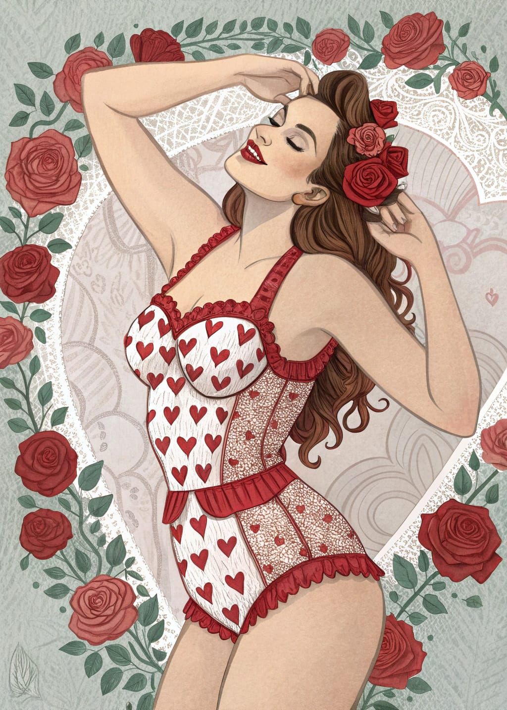 Romantic Pinup Goddess in Vibrant Valentine's Day Attire