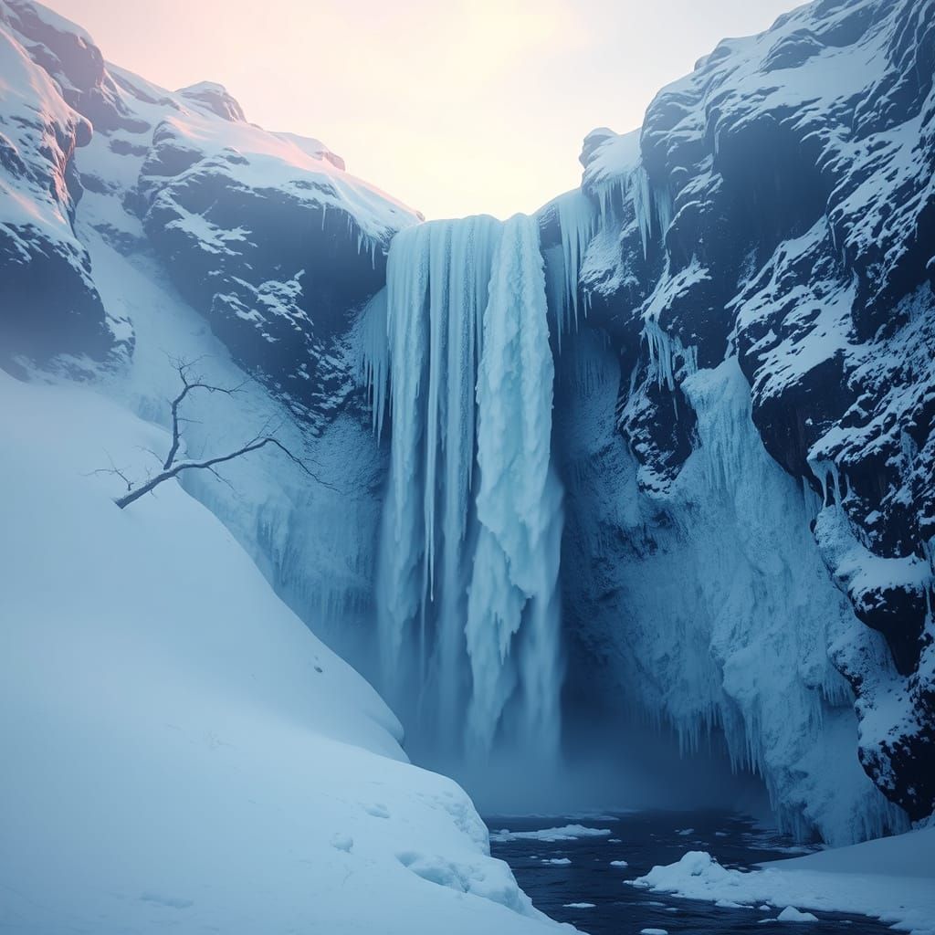 Frozen Iceland Waterfall in a Dreamlike Landscape