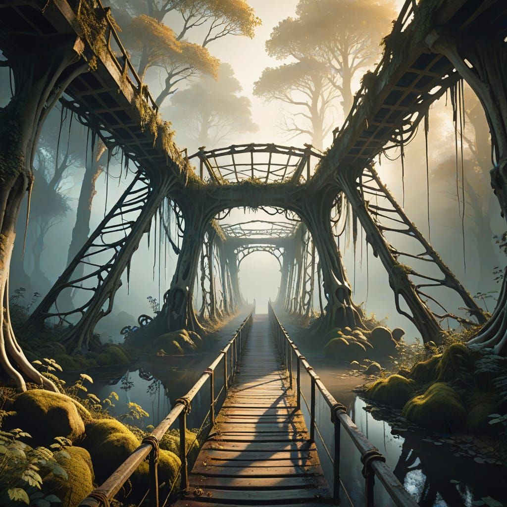 Ethereal Bridge of Giant Bones in Surreal Forest Abyss