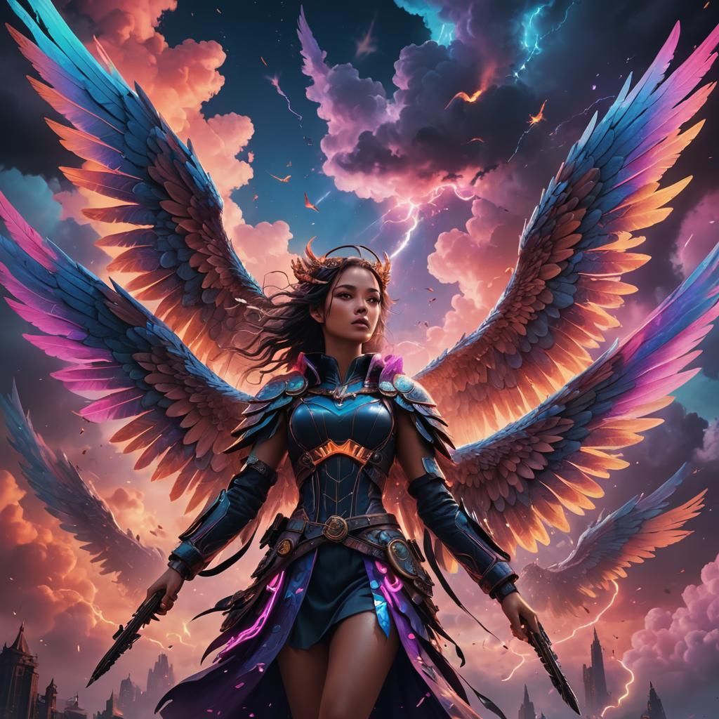 Winged Women in Neon Cloudscape: Fantasy Concept Art