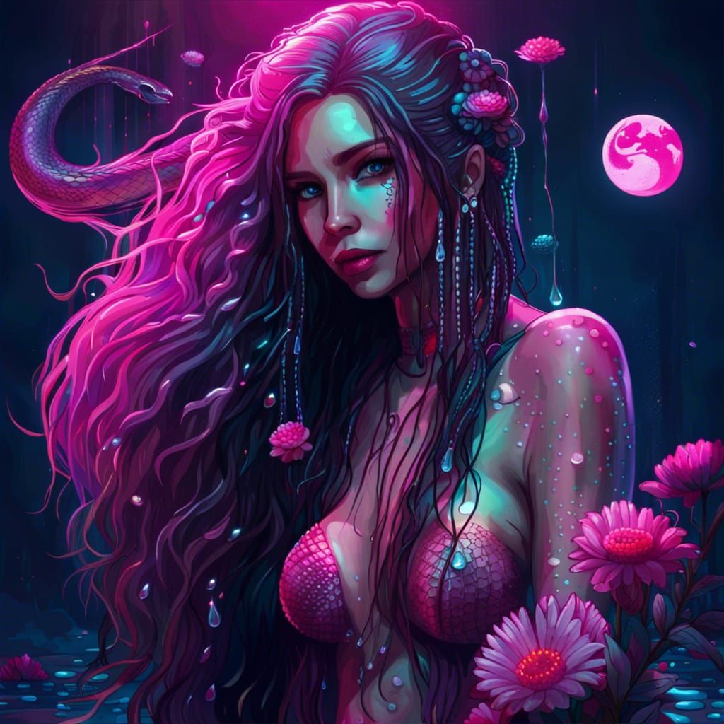 Cyberpunk Mermaid with Long Hair, Moon and Snake