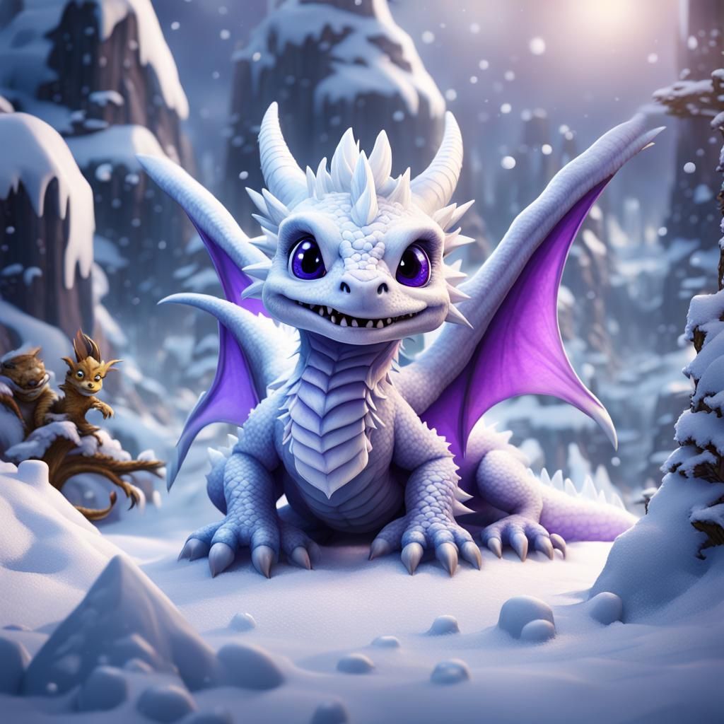 Baby White Snow Dragons Building a Snow Fort