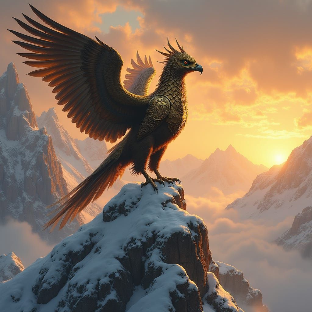 Griffin in Bronze Armor at Sunset, Fantasy Art