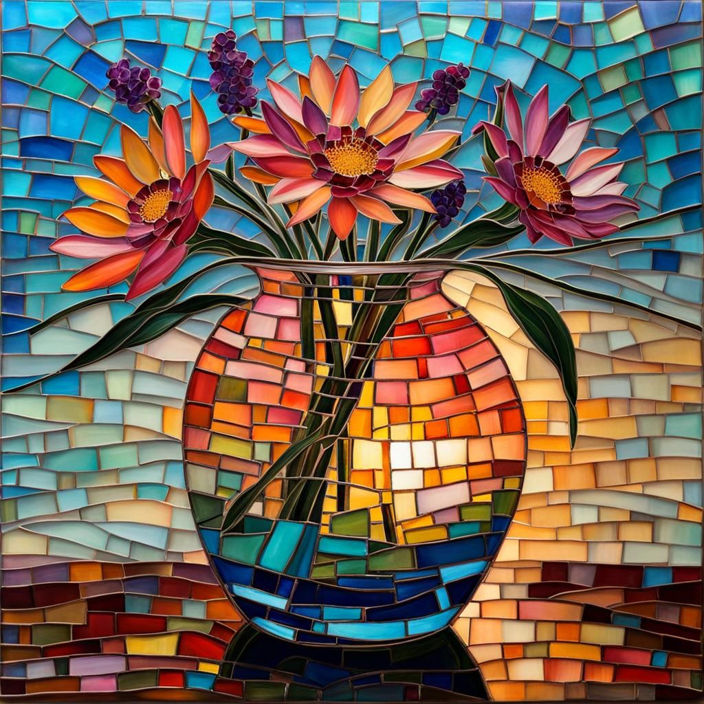 Pastel Wildflowes in a mosaic glass vase <glass art> with an...
