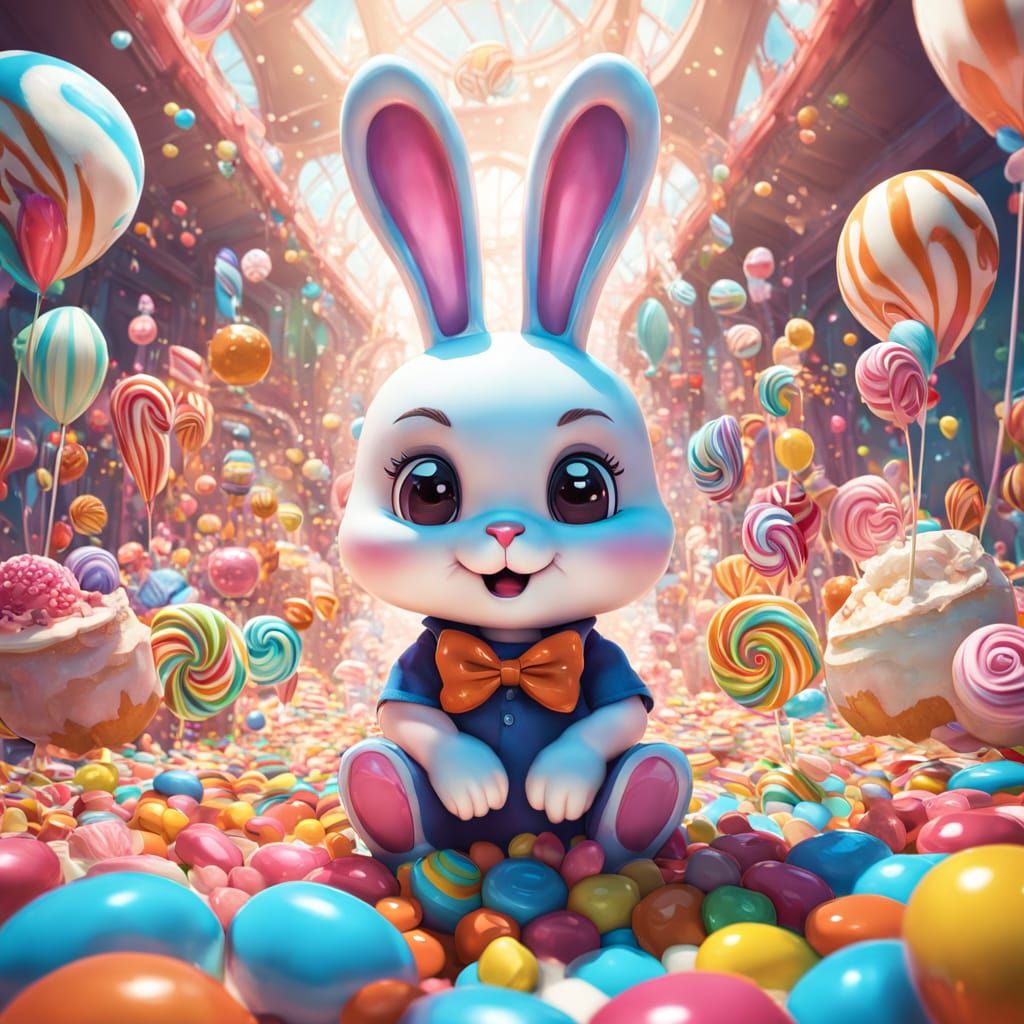 Whimsical Bunny in Colorful 3D Candyland