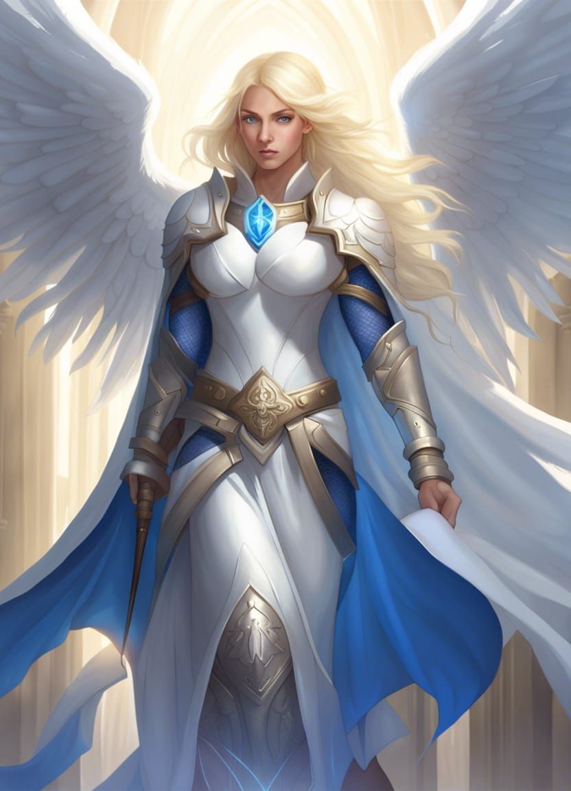 Fantasy Paladin with Wings of Light in White Armor
