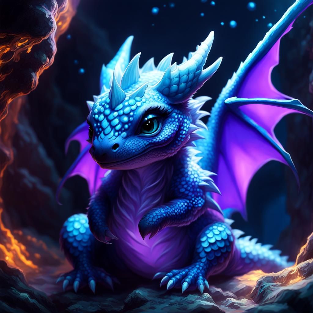 Chibi Dragon in Bioluminescent Cave