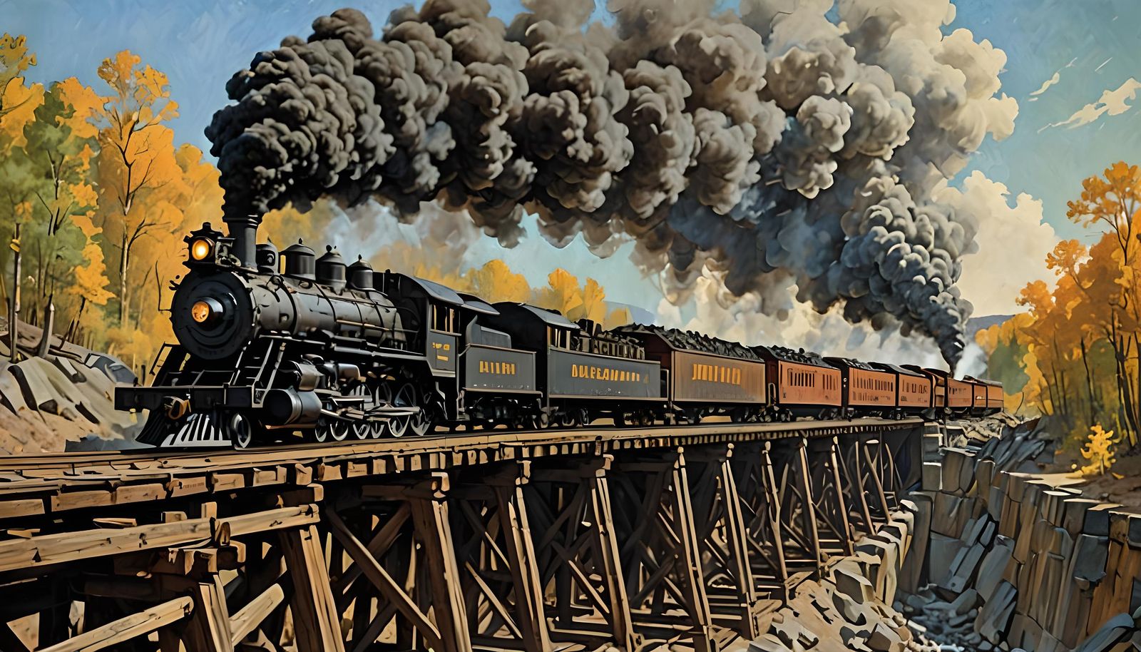 American Steam Locomotive on Trestle Bridge, 1874