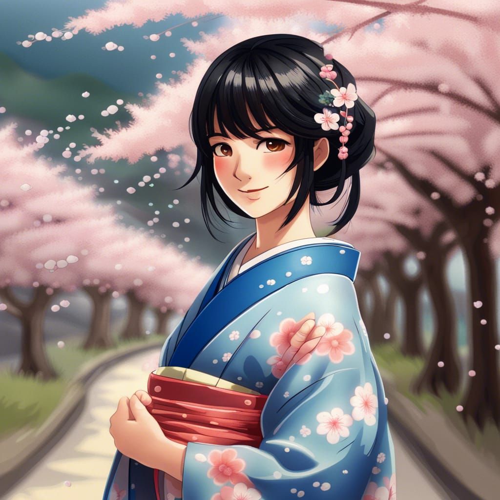 Woman in Blue Kimono Among Cherry Blossoms