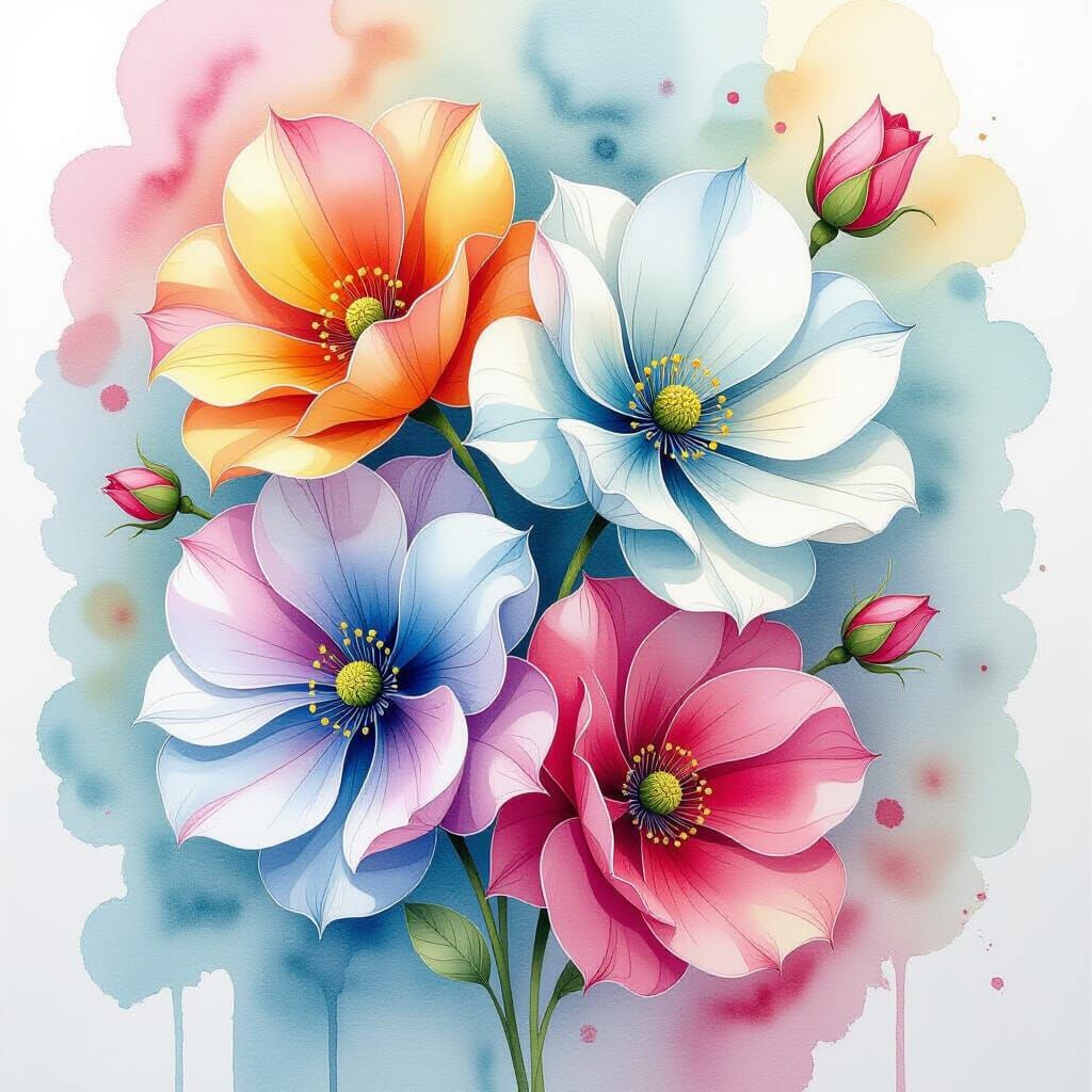 Vibrant Watercolor and Ink Flowers with Street Art Style