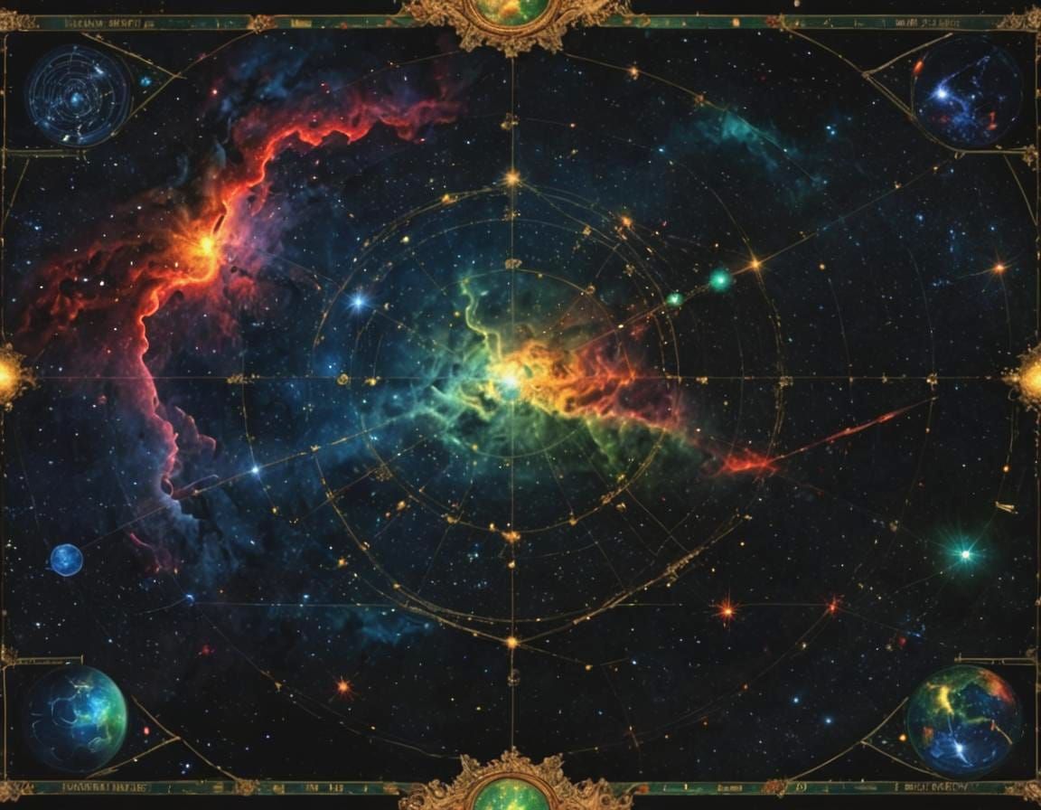 Complex Celestial Scene with Nautical Chart Overlay