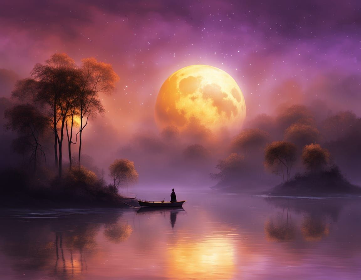 Giant Glowing Moon Over Shimmering Lake