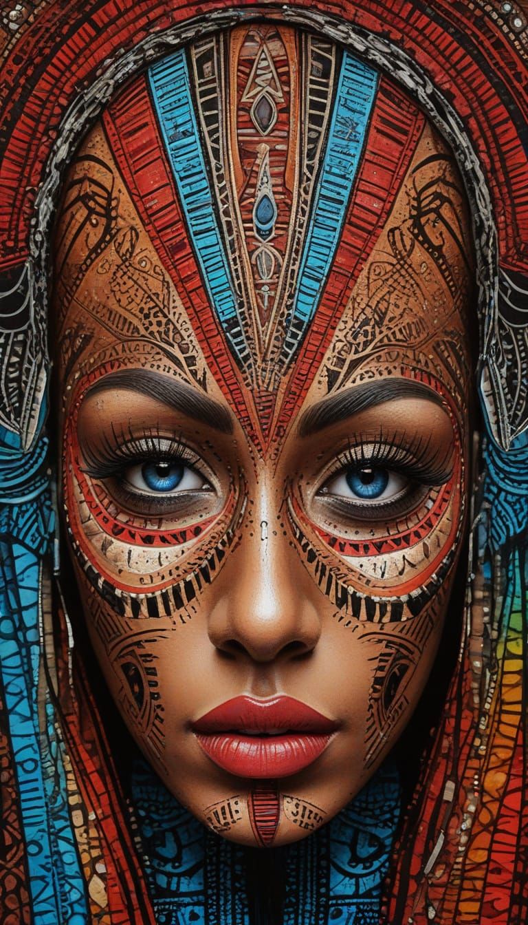 Tribal Mask of a Blonde Bombshell in Crayon Style