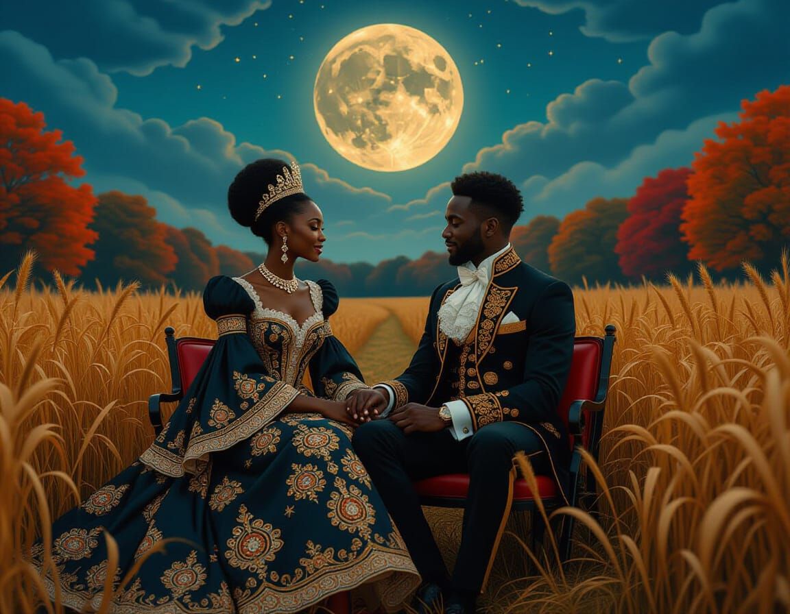 Elegant Couple on Autumn Hayride in Psychedelic Surrealism S...