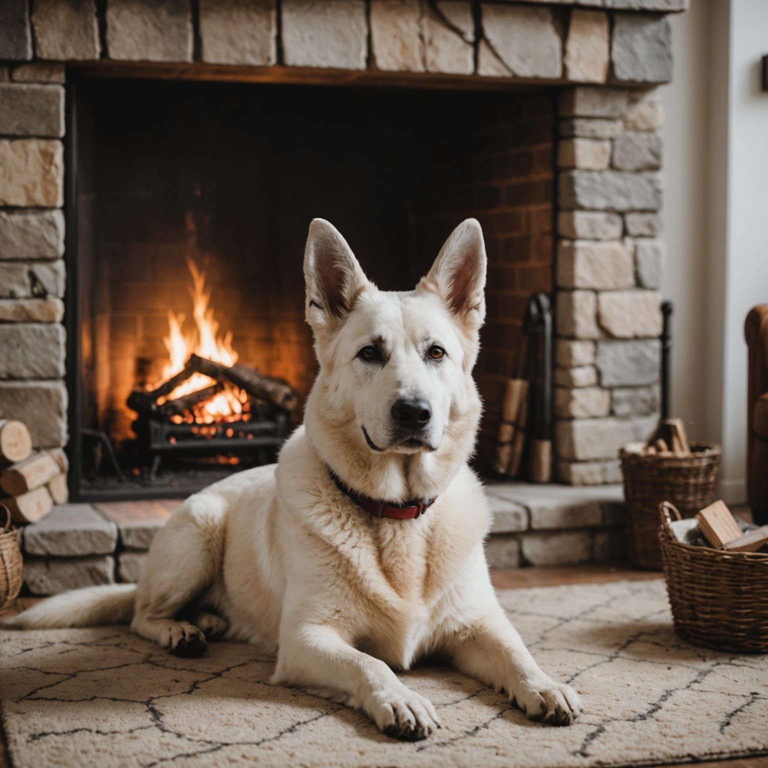 German Shepherd Dog by Cozy Fireplace