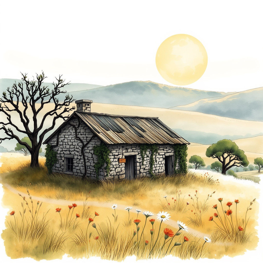 Abandoned Farmhouse in South African Landscape as Watercolou...