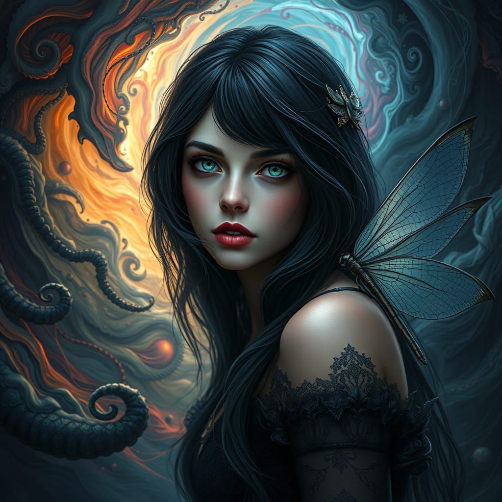 Ethereal Woman with Dragonfly Wings, Hyper-Realism Style