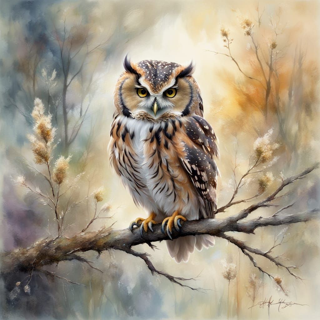 Impressionist Owl with Mouse on Branch in Spring Colors