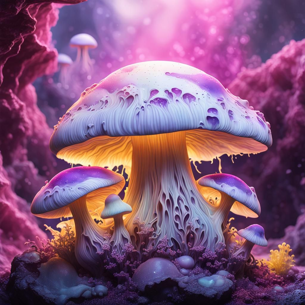 Hyperrealistic Crystal Mushroom Cavern in Splash Art Style