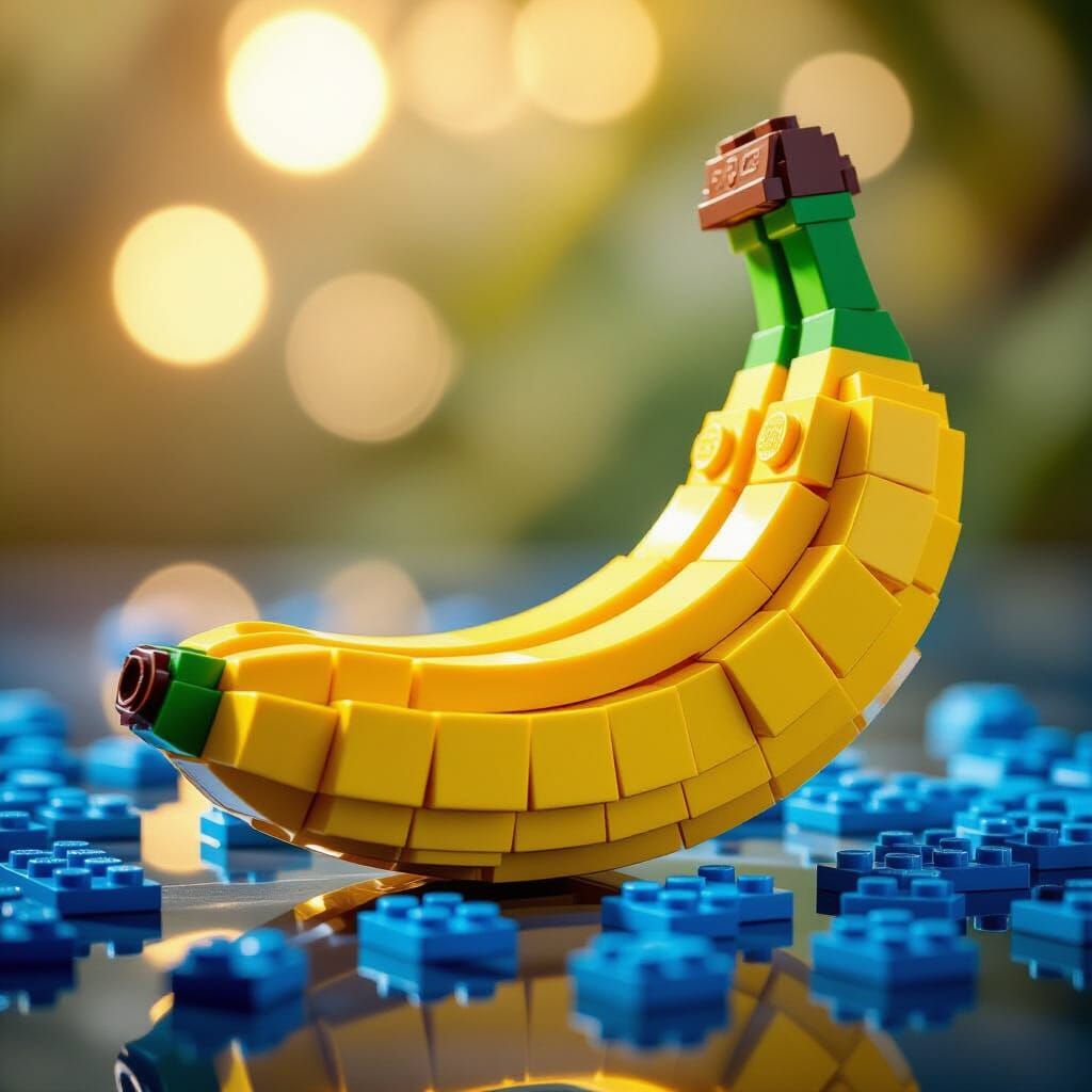 Hyper-Realistic LEGO Banana Sculpture with Scattered Bricks