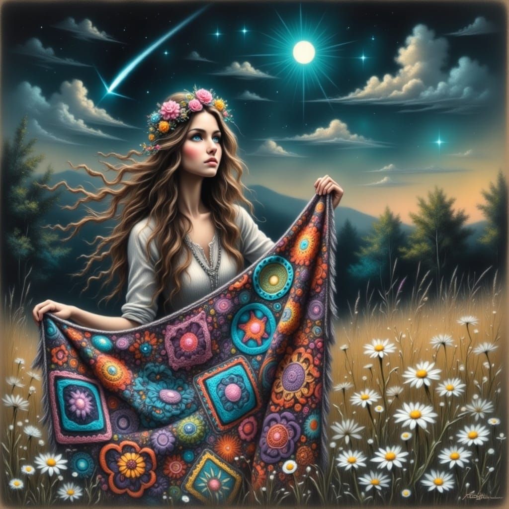 Hippie Woman with Crochet Blanket Under Starry Sky