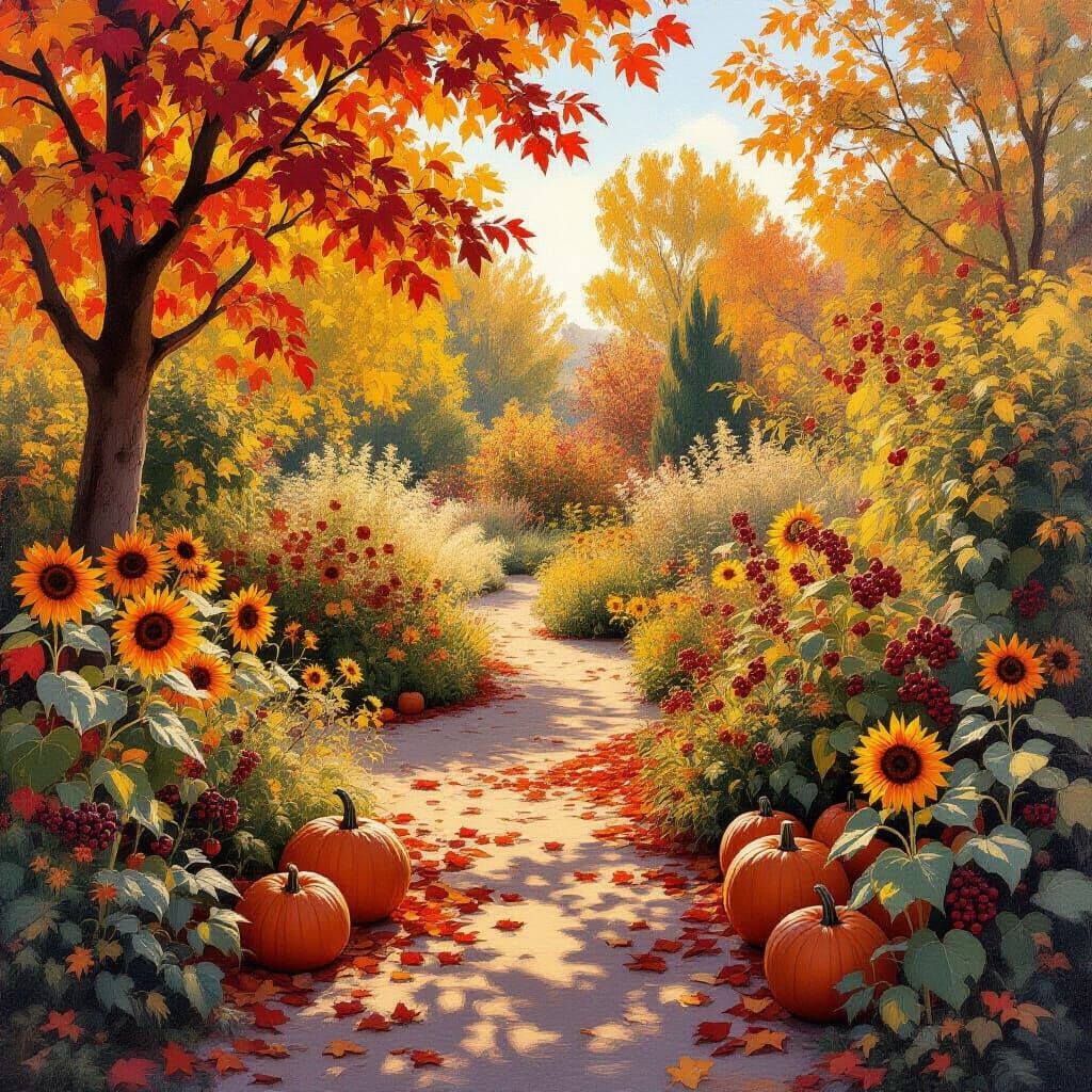 Vibrant Autumn Garden in Golden Afternoon Light