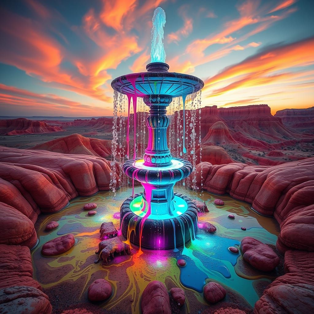 Psychedelic Fountain in Desert Landscape, Surreal Digital Ar...