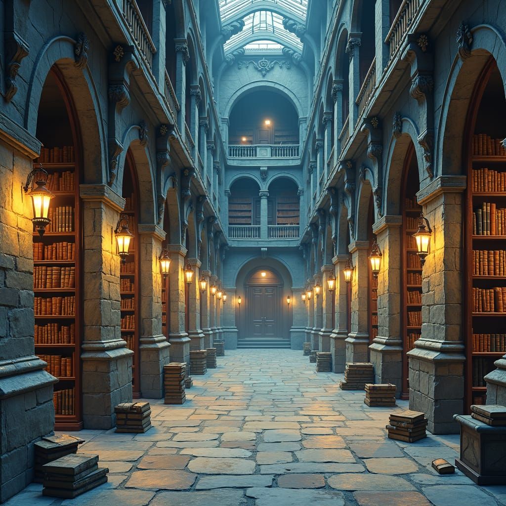 Magical University Library in Watercolor Style