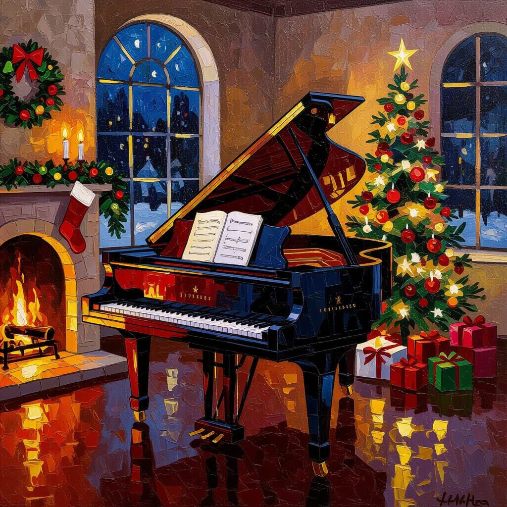 Festive Grand Piano in Cozy Christmas Room